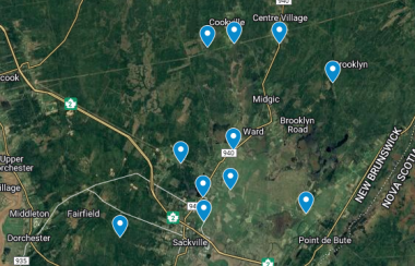 Map of Tantramar area, with numerous blue dots marking water quality monitoring sites.