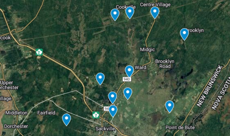 Map of Tantramar area, with numerous blue dots marking water quality monitoring sites.