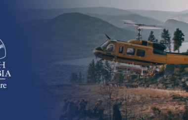 A helicopter hovers over a forest in british columbia