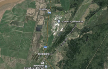 An aerial photo of an area in New Brunswick taken by Google Maps.