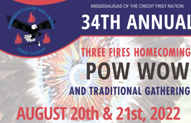 A multicoloured poster of Mississaugas of the Credit First Nation logo announcing Pow Wow