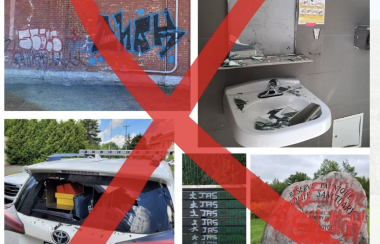 Pictured are five different instances of vandalism. The first photo shows spray paint on a brick wall of the John Sleeth building in Sutton. The second photo shows a bathroom with broken mirror with glass in the sink. The third photo shows the back window of the First Responders car smashed in. The fourth photo shows spray paint on a bench. The last photo shows a memorial rock at the natural spring site covered in spray paint.