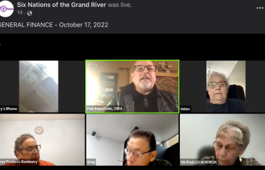 A screenshot of meeting online with council members from Six Nations.