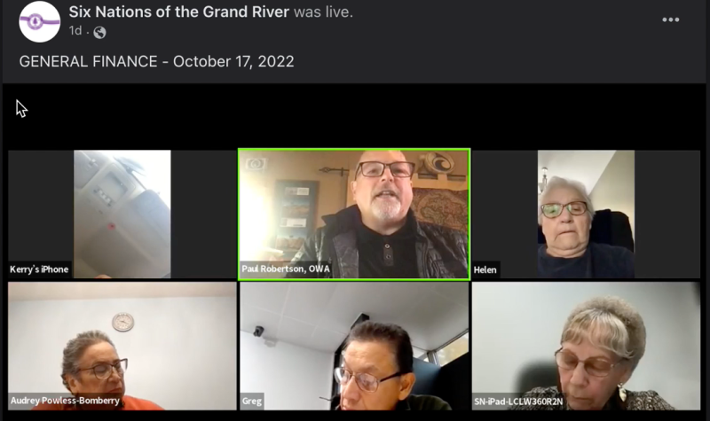 A screenshot of meeting online with council members from Six Nations.
