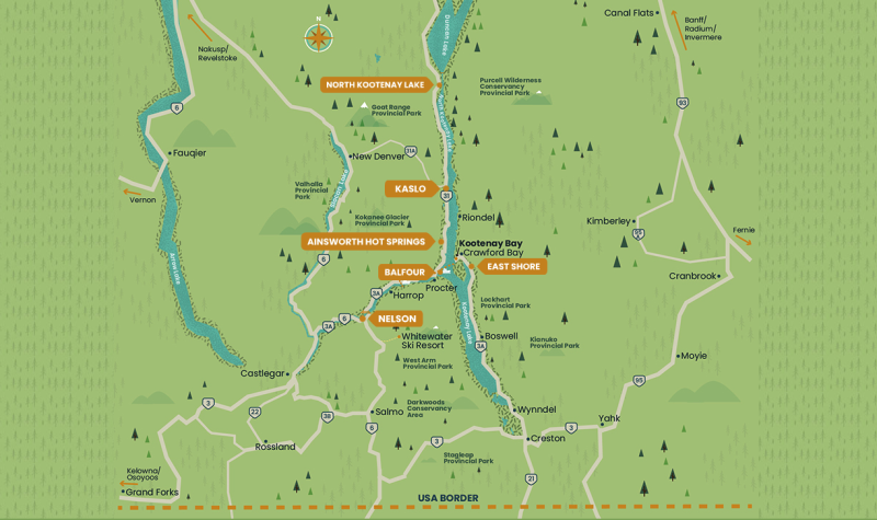 A green map of the Nelson kootenay lake tourism area.