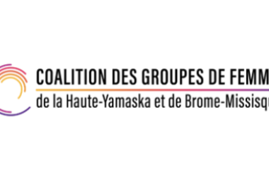 Pictured to the left of the photograph is the white ribbon set against a red background. To the right of the ribbon is the logo for the Coalition of Women’s Groups of Haute-Yamaska and Brome-Missisquoi.