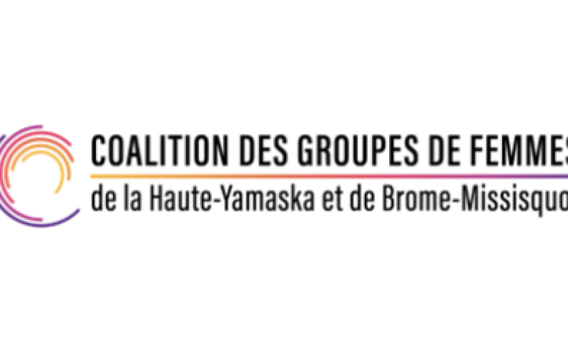 Pictured to the left of the photograph is the white ribbon set against a red background. To the right of the ribbon is the logo for the Coalition of Women’s Groups of Haute-Yamaska and Brome-Missisquoi.