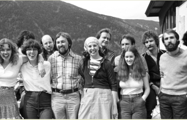 A black and white photo of the 1979 class at DTUC, taken outside against the backdrop of elephant mountain