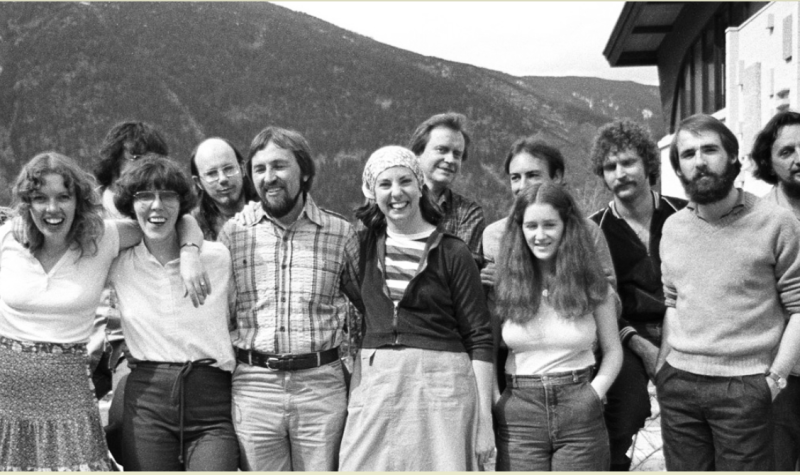 A black and white photo of the 1979 class at DTUC, taken outside against the backdrop of elephant mountain