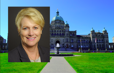 A portrait of Katrine Conroy on top of an outdoor picture of the parliament building in victoria