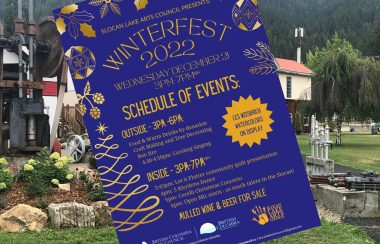 Slocan lake arts centre with a screenshot of 2022 winterfeast poster as overlay