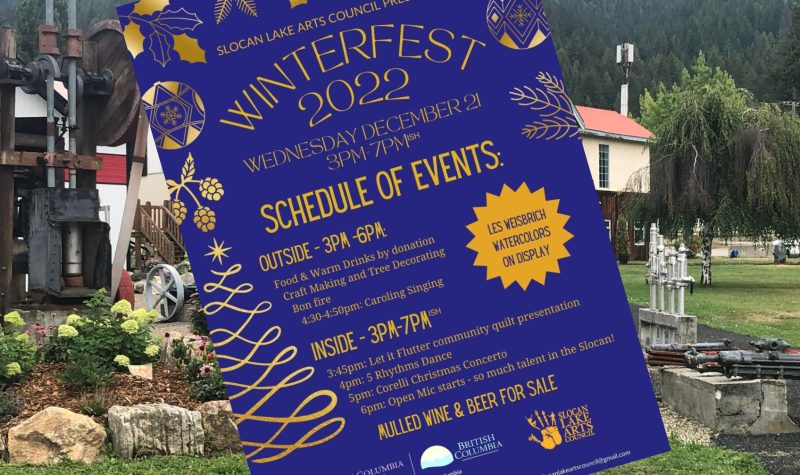 Slocan lake arts centre with a screenshot of 2022 winterfeast poster as overlay