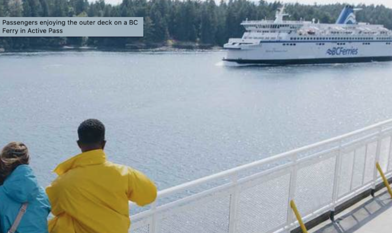 A man wearing yellow and a girl wearing blue stand on a ferry deck looking out at another BC Ferries vessel