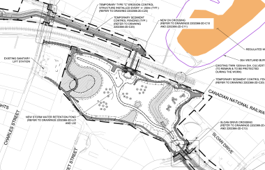 A black and white map showing a proposed stormwater retention area in Sackville. There is an orange area circled on the right of the map.