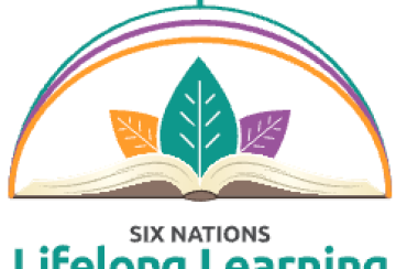 Six Nations Lifelong Learning logo. an open book has leaves extending from it upwards with green, orange, purple colours on white background.