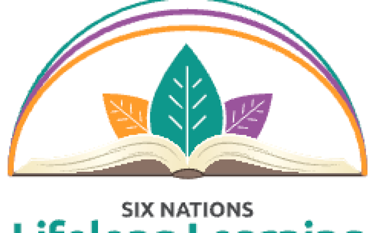 Six Nations Lifelong Learning logo. an open book has leaves extending from it upwards with green, orange, purple colours on white background.