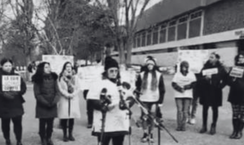 Pictured is Spanos alongside other parents and students giving a speech at the demonstration. She is standing behind various microphones addressing the public.