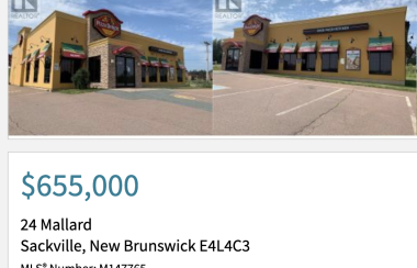 Real estate listing showing two pics of old Pizza Delight building, and asking price of $655,000