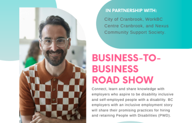 A poster for the New Inclusive Economy's business roadshow featuring a man sitting at a desk looking at the camera and smiling.