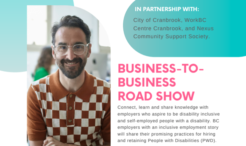 A poster for the New Inclusive Economy's business roadshow featuring a man sitting at a desk looking at the camera and smiling.