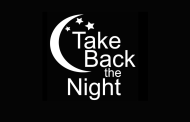 On a black background and in a white font the words Take Back the Night are placed on underneath one another in a varied alignment and size. Three different sized stars sit above the word Take and encompassing the stars and the words Take and Back is a crescent moon also in a white font