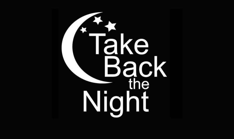 On a black background and in a white font the words Take Back the Night are placed on underneath one another in a varied alignment and size. Three different sized stars sit above the word Take and encompassing the stars and the words Take and Back is a crescent moon also in a white font