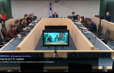 Committee members sit around a room. Three people are presenting remotely from a screen in the middle.