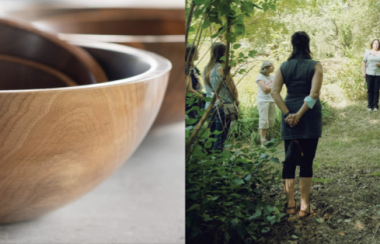Pictured to the left is a large wooden bowl created by an artisan. Pictured to the right are festival-goers visiting the arboretum in the village of Frelighsburg.