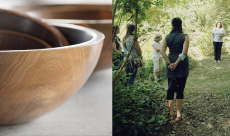 Pictured to the left is a large wooden bowl created by an artisan. Pictured to the right are festival-goers visiting the arboretum in the village of Frelighsburg.