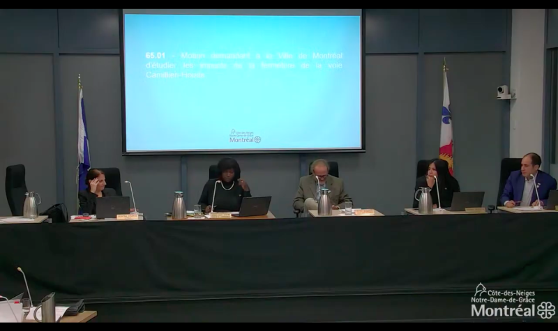 Five council members sit at a long black table before a projector screen reading the name of a council motion.