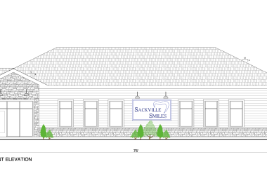 A line drawing of a single storey building labeled Sackville Smiles.