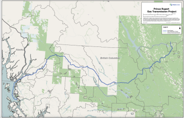 A map of British Columbia and Alberta showing the path of the proposed Prince Rupert Gas Transmission pipeline. The pipeline route is indicated in blue.
