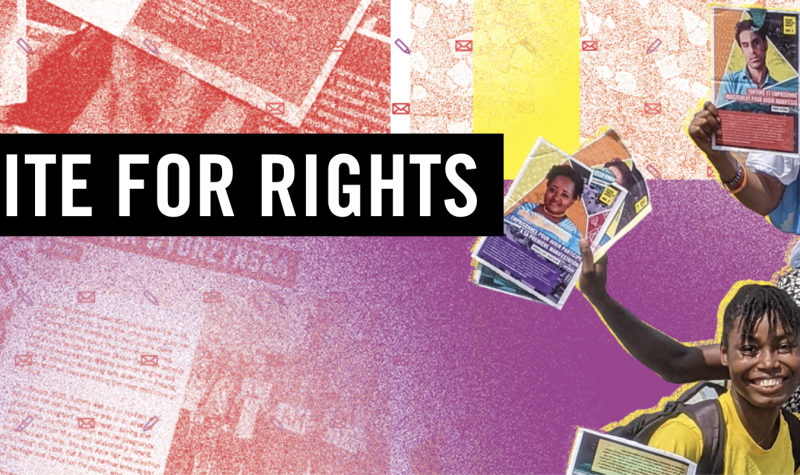 A multicoloured collage of letters with three people holding letters in their hands. There is a black box of text on the upper left which says 'Write for Rights'.