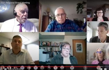 A screenshot of the Zoom meeting of the Strathcona Regional District's latest meeting with 7 people.