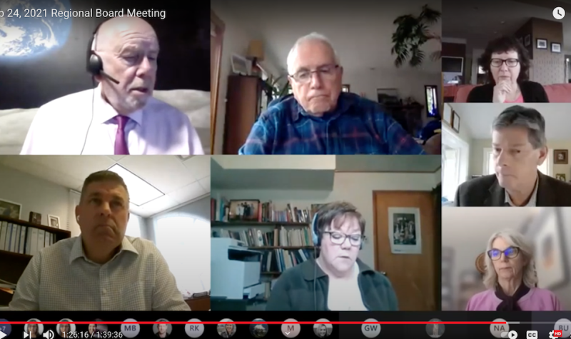 A screenshot of the Zoom meeting of the Strathcona Regional District's latest meeting with 7 people.