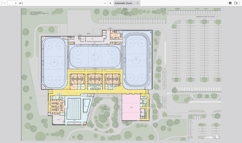 A coloured diagram shows three full size ice sheets and seating areas taking up three quarters of the building design with a swimming pool about one-third the size of an ice sheet and a community hall of similar size, surrounded by parking and some green space.