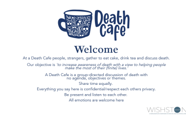 A white and blue death cafe welcome image that says the rules of the cafe