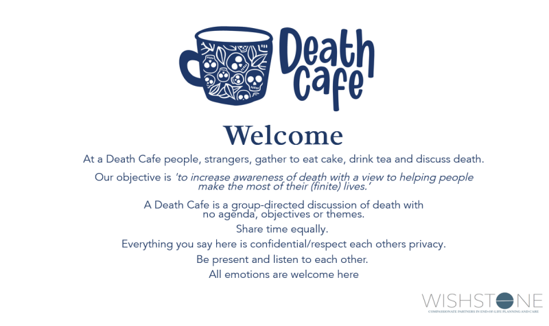 A white and blue death cafe welcome image that says the rules of the cafe