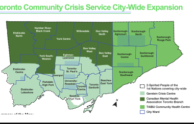 A map of Toronto for the potential expansion of the crisis service split into three shades of green