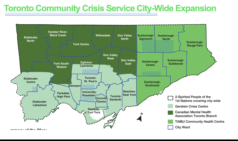 A map of Toronto for the potential expansion of the crisis service split into three shades of green