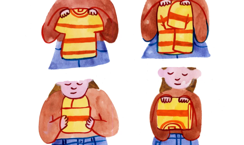 A painted comic of a femme person folding a striped T-shirt.