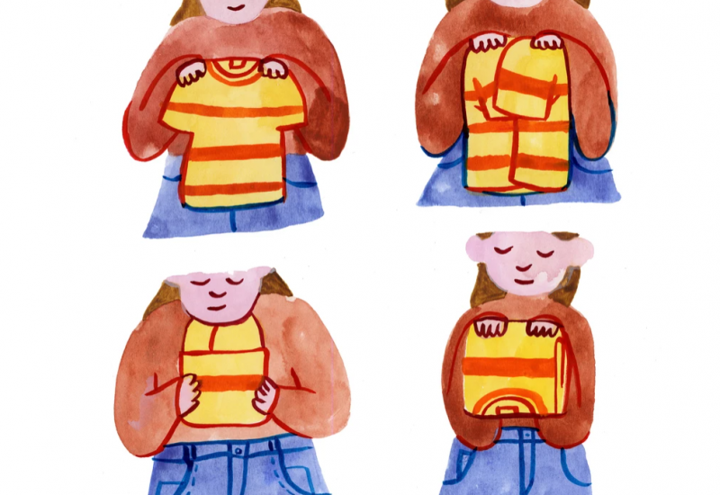 A painted comic of a femme person folding a striped T-shirt.