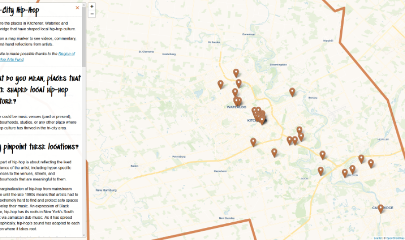 A screenshot of the tricityhiphop.ca map. On the left of the image is some details about the map with an overview of the stories. On the wider right hand side of the page is a google map with a boundary line around Waterloo Region, and place markers linking the place to important stories.