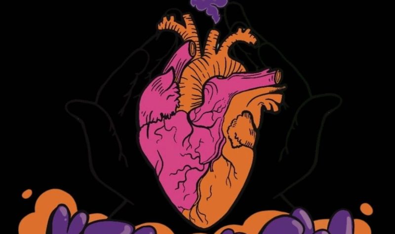 A black and purple, pink and orange with a heart in the middle.
