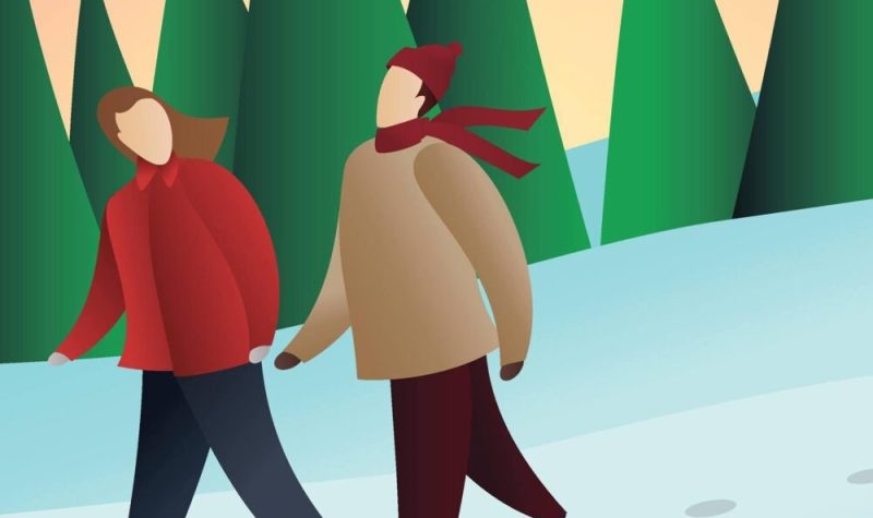 Image animées de deux personnages se promenant dans la neige avec des sapins derrière.