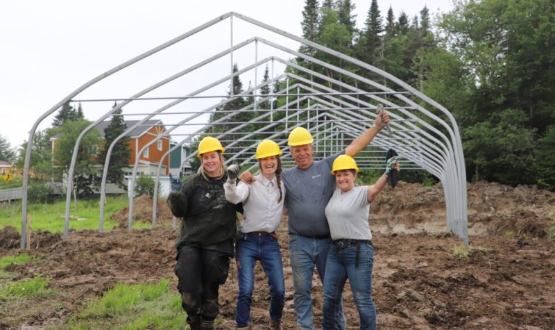 Quatre personnes portant un casque de construction célèbrent, bras levés, devant la structure d'une serre.