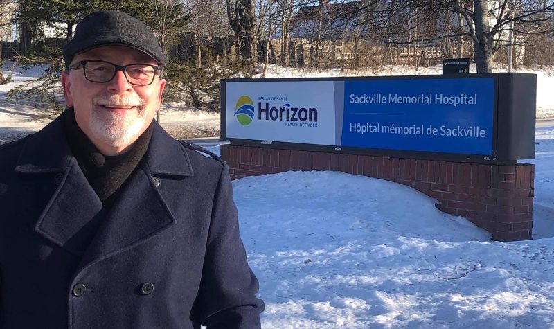 Councillor and mayoralty candidate Shawn Mesheau outside of the Sackville Memorial Hospital. Photo: Contributed.