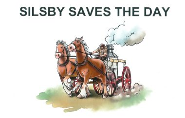 A watercolour painting of two heavy horses pulling a cart with a small steam-powered pumper on it illustrates the cover of the book Silsby Saves the Day.