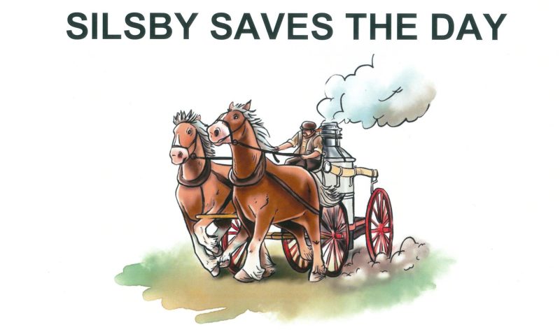 A watercolour painting of two heavy horses pulling a cart with a small steam-powered pumper on it illustrates the cover of the book Silsby Saves the Day.