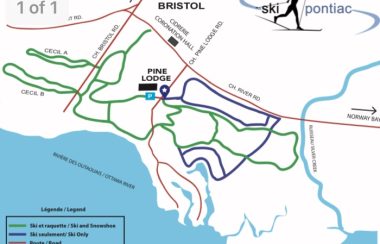 A map of Ski Pontiac's trails around Bristol, with a legend differentiating ski trails from walking trails and roads.